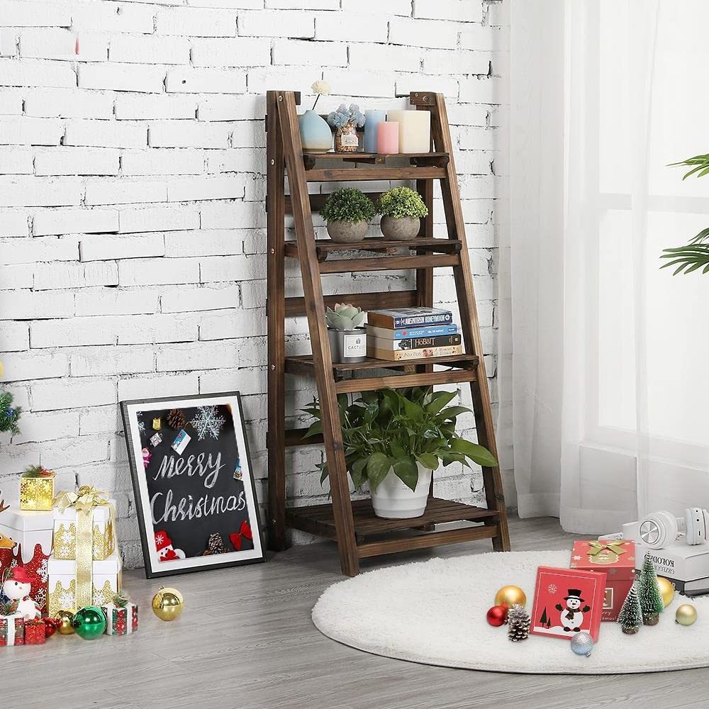 Hot Sale Adjustable Tall Bookcase Rustic Wooden Ladder Shelf Plant Multiple Tired Shelf Sturdy and Foldable Storage Shelf