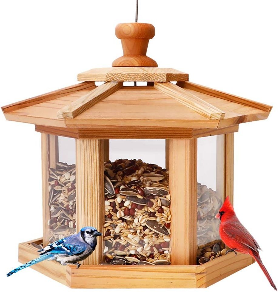 Hexagon Shaped Gazebo Bird Feeder Bird Feeder Large Capacity Easy to Clean and Fill Solid Wood Outdoor Bird Feeder