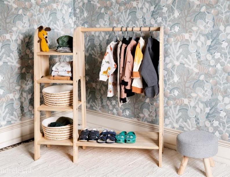 Custom wooden Montessori  Clothing Rack Wardrobe For Kids Playroom Furniture Children Closet Dress up storage kid clothing rack