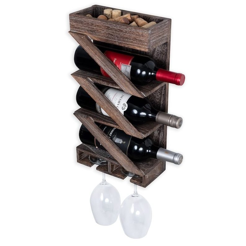 New design classic style Rustic State Wall Mounted Wine Rack with Stemware Glass Holder with Cork Storage Burnt Brown wine rack