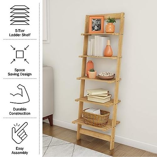 5-Tier Ladder Shelf Wooden Narrow Leaning Bookshelf for Bedroom Bamboo Shelf Organizer