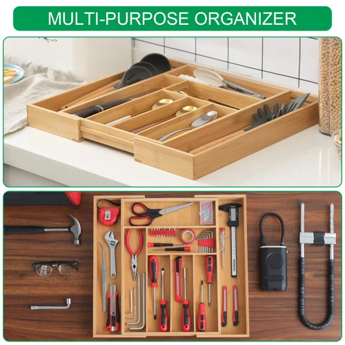 Adjustable Closet Drawer Organizer Bamboo Knife Block and Cooking Utensil Holder Removable Knife Block Utensil Organizer