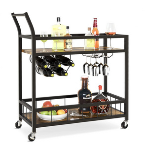 Solid Wood Black Serving Bar Car Shelves Wheels Rolling Cart Kitchen Island Storage Cabinet Bar Cart