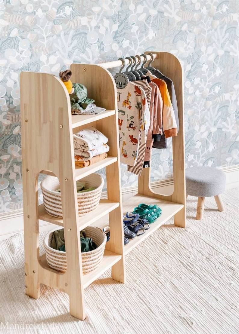 Custom wooden Montessori  Clothing Rack Wardrobe For Kids Playroom Furniture Children Closet Dress up storage kid clothing rack