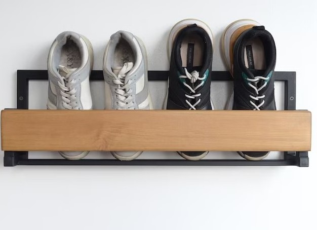 Hallway Metal Wall Mounted Shoe Rack Entryway Wood Industrial Shoe Storage Unique Open Floating Shelf Shoe Shelves