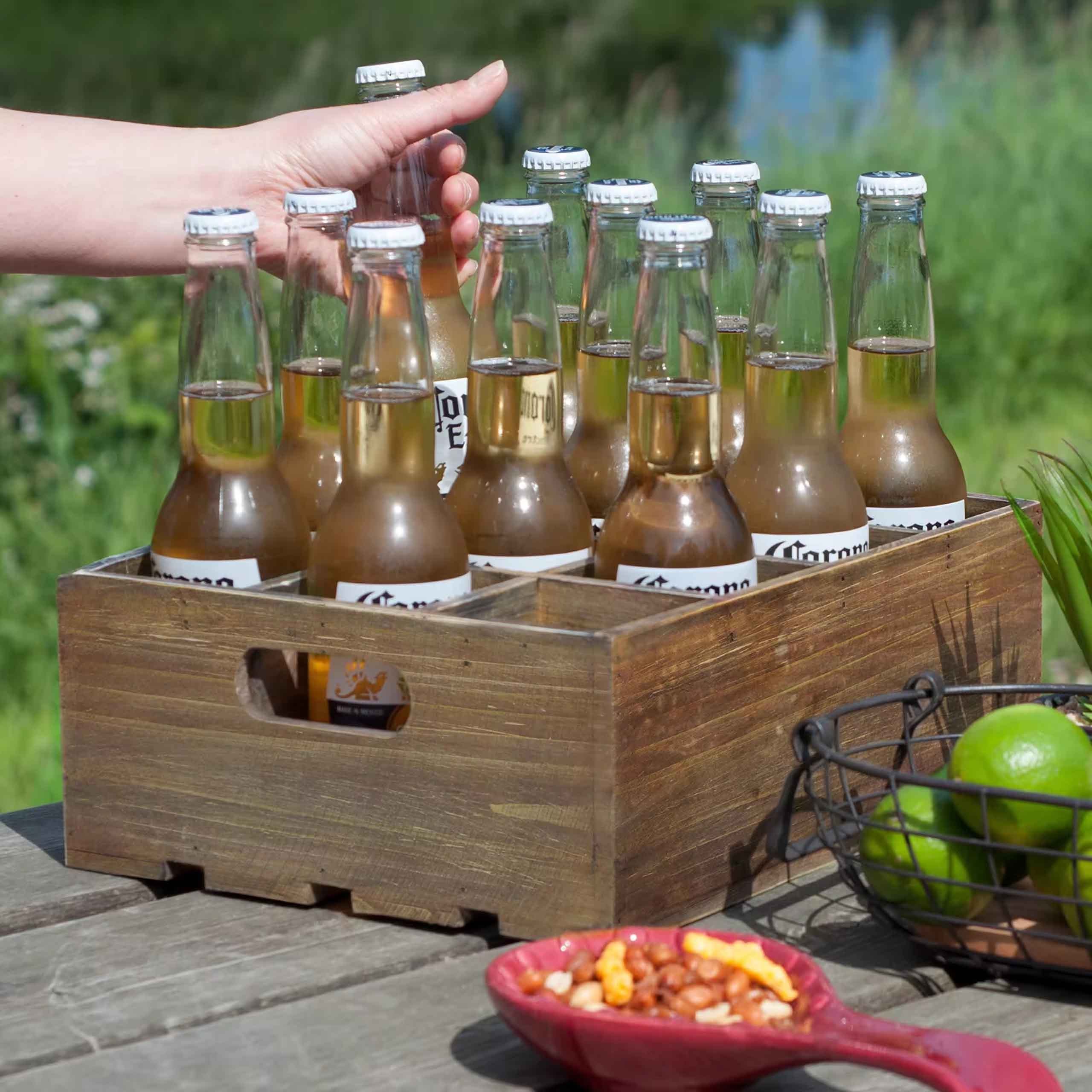 Rustic Brown Wood Bottle Storage Crate Wooden Beer Holder Box Bottled Beverage Serving Caddy with Carrying Handles