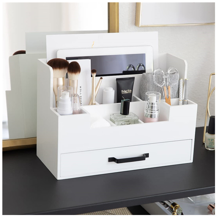 2021 New Design White Vintage Wood Desktop Organizer Tabletop Paper Towel Rack Desktop Office Make Up Organizer Drawers