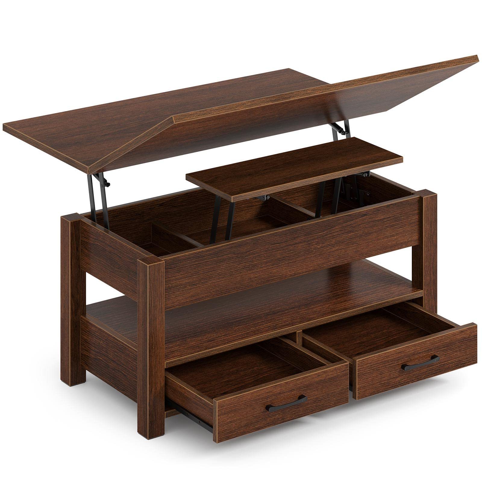 Wooden Mid-Century Modern Multi functional Accent Table Home organizer  Lift Top Coffee Table with Drawers Hidden Compartment