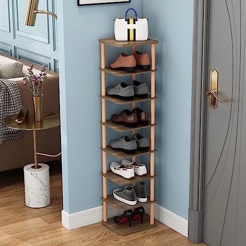 8 Tiers Vertical Shoe Storage Space Saving Narrow Shoe Organizer Free Standing Tall Shoe Shelf