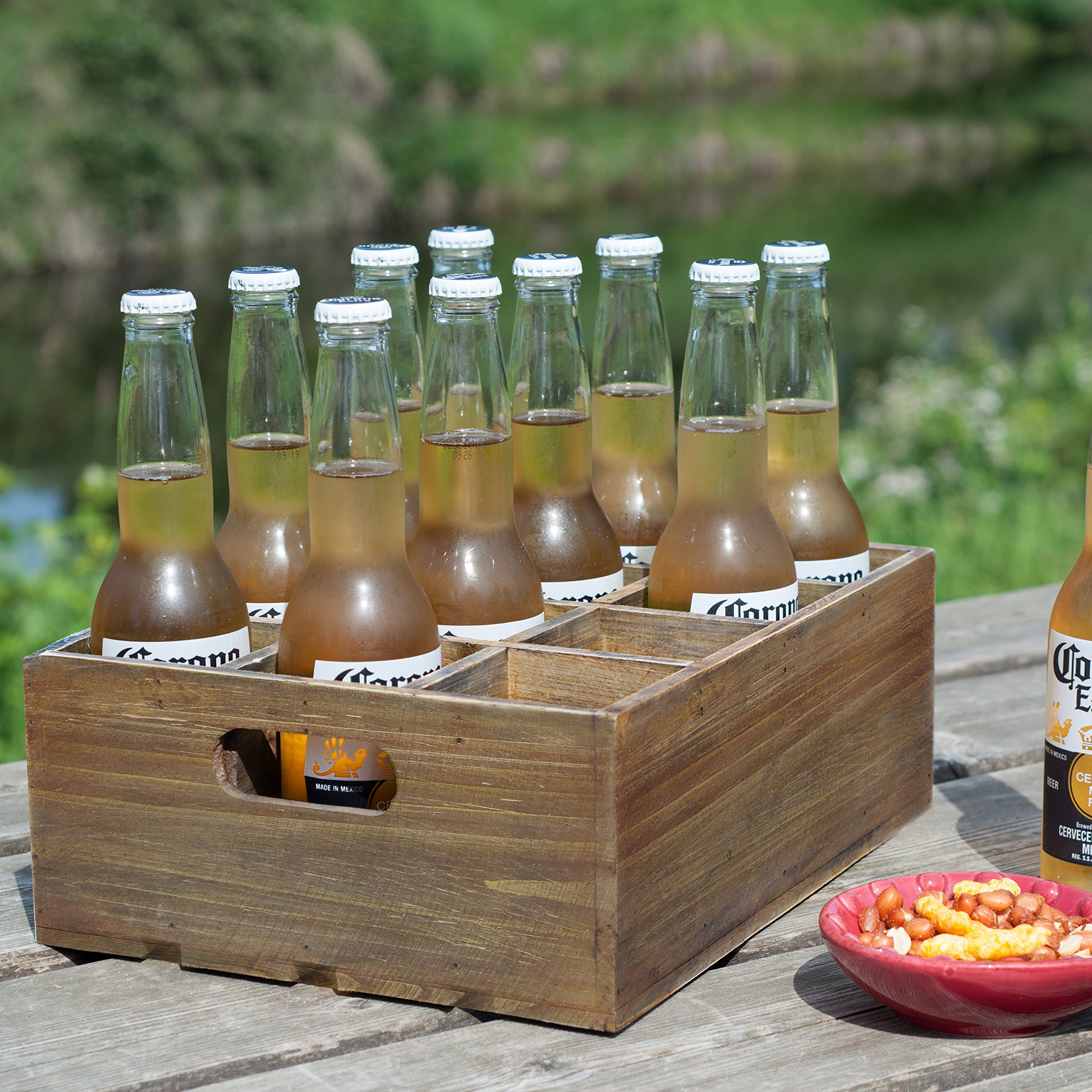 Rustic Brown Wood Bottle Storage Crate Wooden Beer Holder Box Bottled Beverage Serving Caddy with Carrying Handles, 12 slots