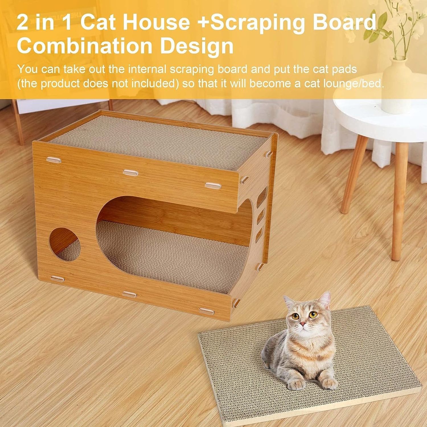 Cat Scratchers Lounge, 2 in 1 Double Layer Cat House with 2 PCS Cat Scratching Pads, Indoor Cat Cube Shelter