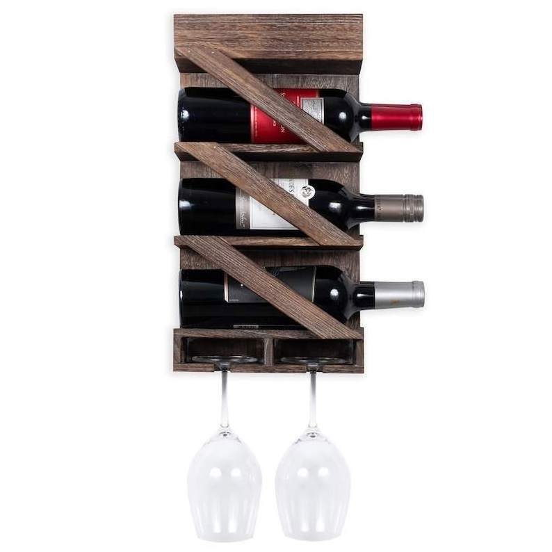 New design classic style Rustic State Wall Mounted Wine Rack with Stemware Glass Holder with Cork Storage Burnt Brown wine rack