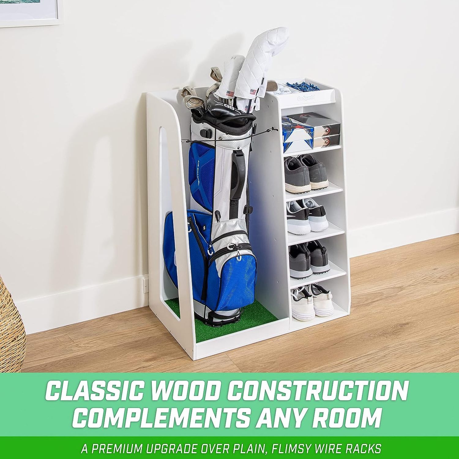 golf ball display rack Premium Wooden Golf Bag Organizer and Storage Rack golf display