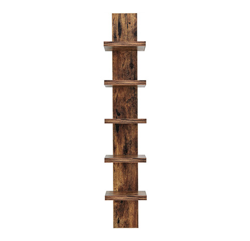 5 Tier Wall Shelf Unit Narrow Light Brown Finish - Vertical Column Shelf Floating Storage Home Decor Organizer Tall Tower Design