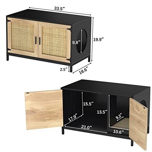 Cat Litter Box Furniture Hidden with Natural Rattan Doors Litter Box Enclosure with Cat Litter Mat / Scratch Pad and Metal Legs