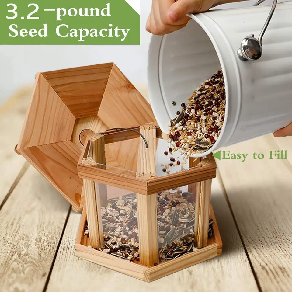 Hexagon Shaped Gazebo Bird Feeder Bird Feeder Large Capacity Easy to Clean and Fill Solid Wood Outdoor Bird Feeder