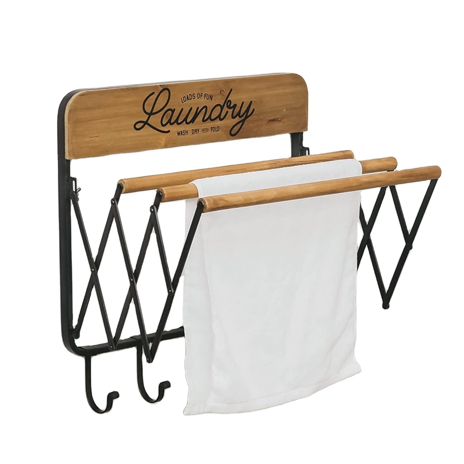 Wood Metal Accordion Retractable Wall Mounted Decor Shelves Laundry Rack Floating Drying Rack for Hanging Towels Clothes