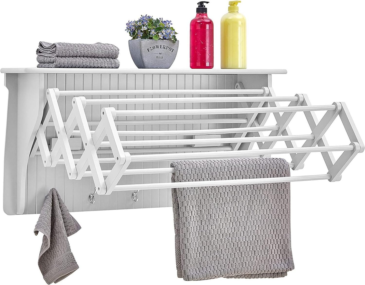 Customized Wood Retractable Accordion Retractable Wall Mounted Decor Towel Laundry Rack Floating Drying Rack Clothes Drying Rack