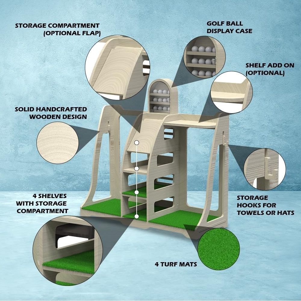 Sports Golf Bag Organizer - Handcrafted Wood Design, Golf Bag Stand Golf Storage Shelves, Golf Garage Rack