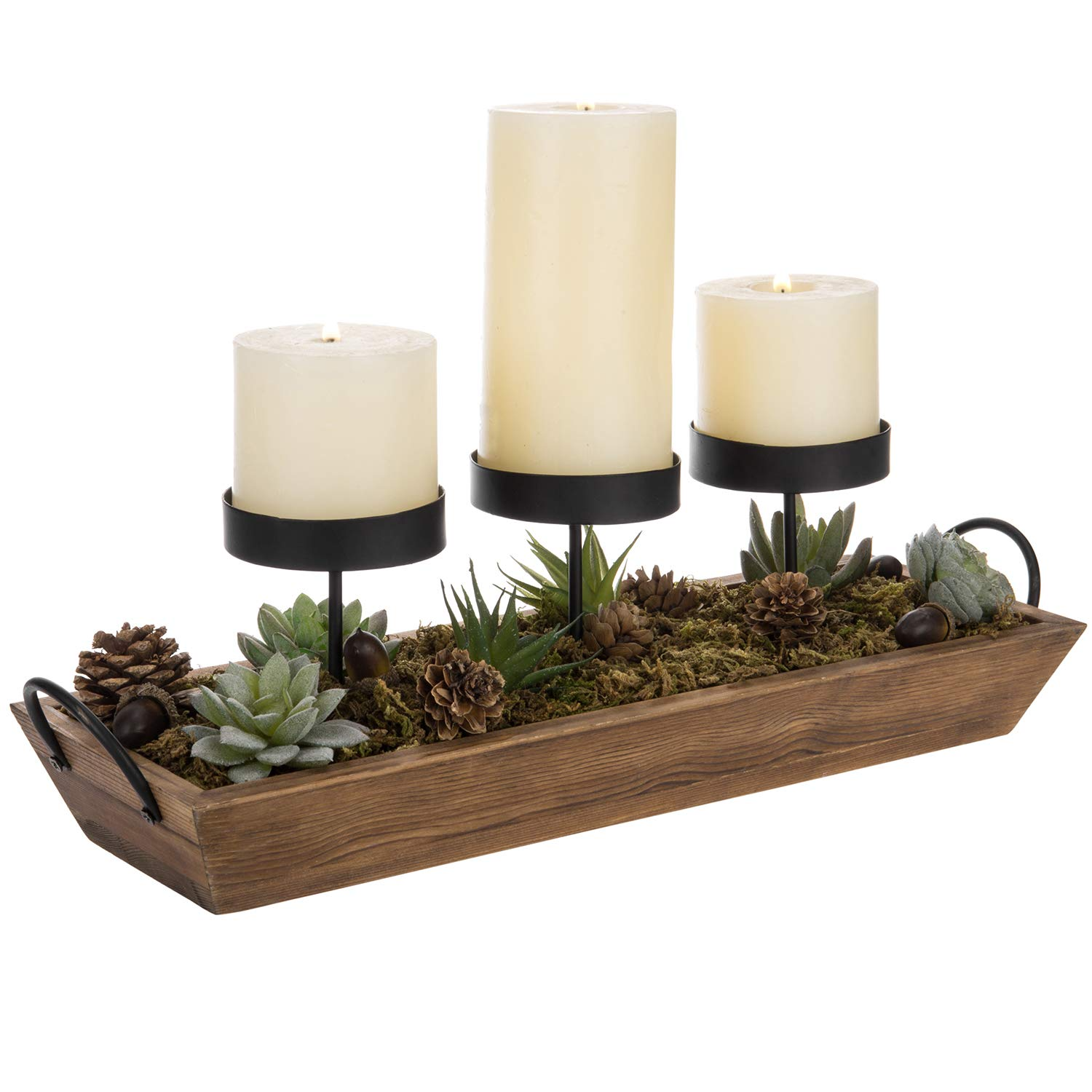 Candle Holder 3-Pillar Black Metal with Rustic Wood Tray and Handles, Tabletop/Mantel Centerpiece Plant Display Stand  Organizer