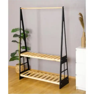 Wholesale Modern Rustic Wooden Free Standing Dress Hanger Wardrobe Storage Rack Clothing Rack with 2 shelves