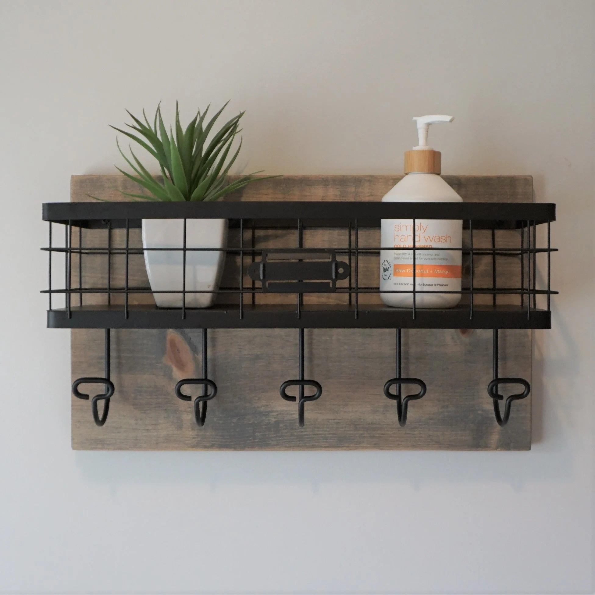 Modern Rustic Walnut Handmade Simply Rustic Bathroom Shelf with Storage Basket and 5 Towel Hooks