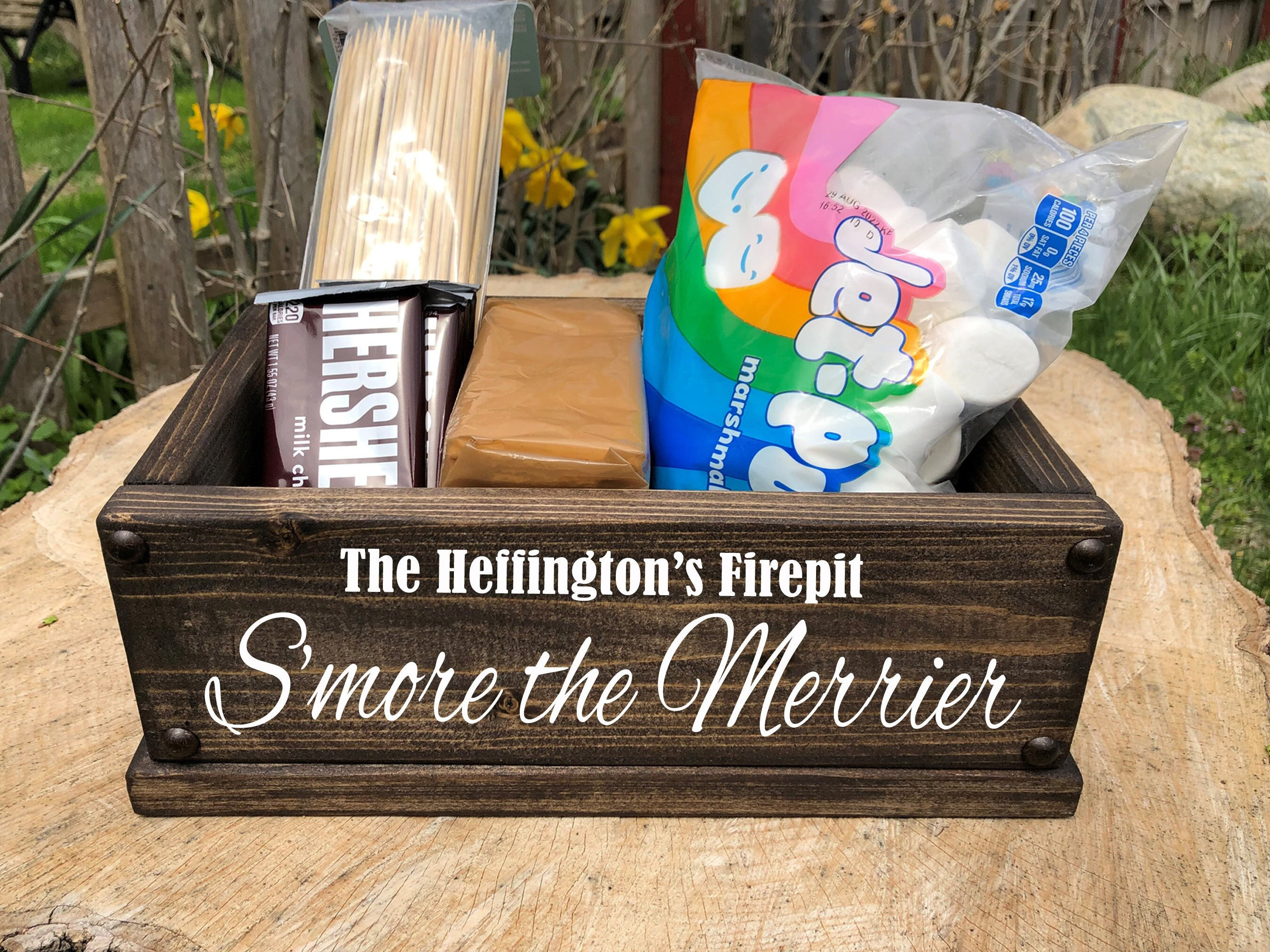 Smores Wooden Campfire Caddy Personalized Marshmallow Roasting Carrying Box  BBQ Cookout Firepit