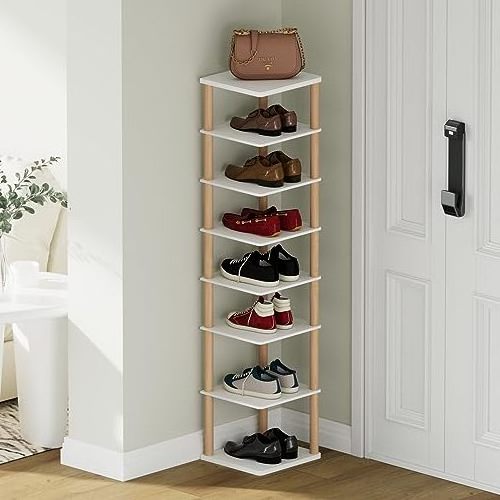 8 Tiers Vertical Shoe Storage Space Saving Narrow Shoe Organizer Free Standing Tall Shoe Shelf