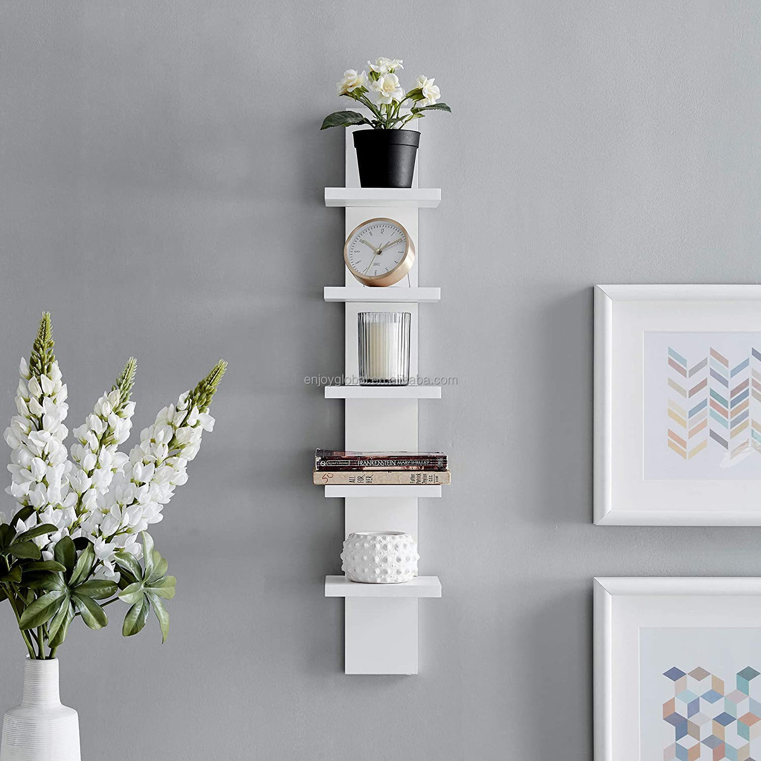 White 5 Tier Wall Shelf Unit Narrow Vertical Column Shelf Floating Storage, Home Decor Organizer Tall Tower Design Utility Shelf