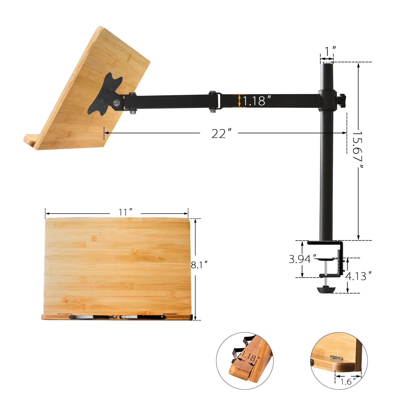 Large Table Side Bamboo Reading Mount Holder Book Stand Height Adjustable with Clamp for Reading Hands Free