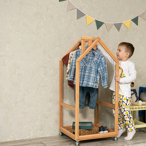 Hot Sale Wooden Garment Rack Kids Clothing Organizer Toddler Wardrobe Montessori Clothing Rack with Wheels