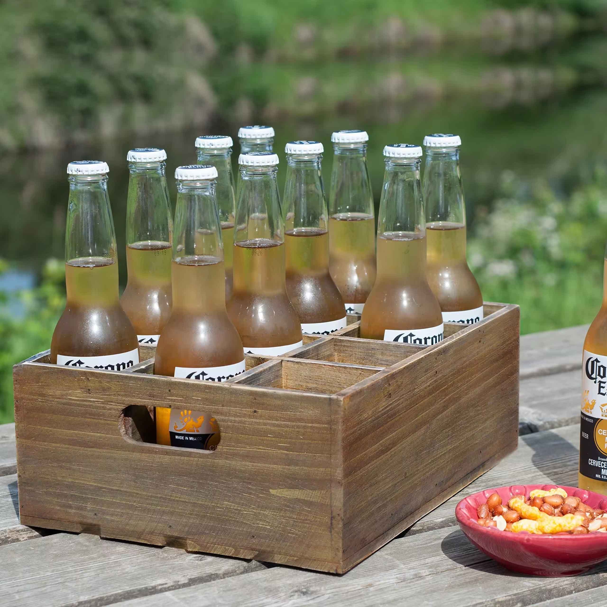 Rustic Brown Wood Bottle Storage Crate Wooden Beer Holder Box Bottled Beverage Serving Caddy with Carrying Handles