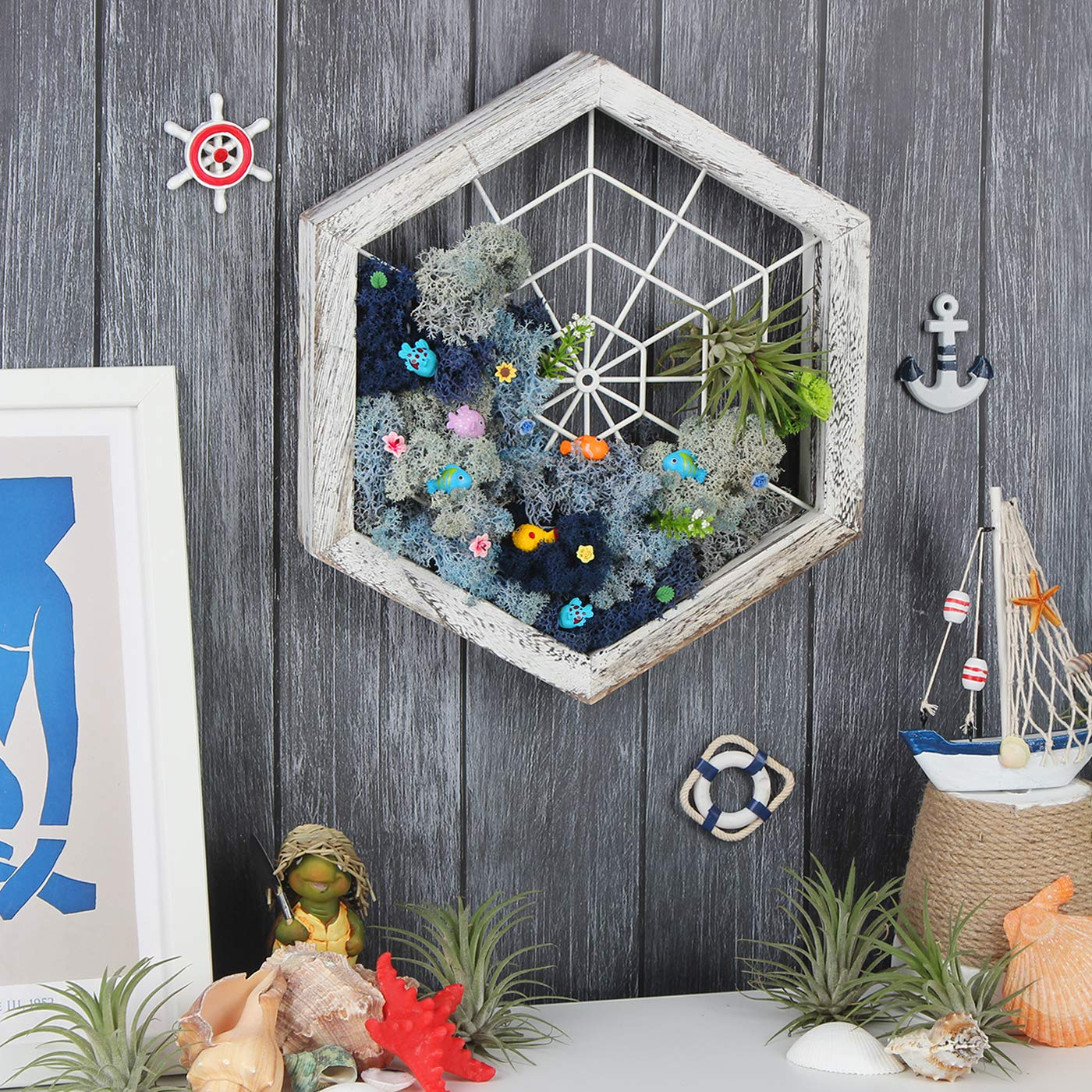 Rustic Wood Air Plant Holder, DIY Hexagon Air Plant Frame Hanger with Spider Web Shaped Wire Wall Hanging Air Plant Frame