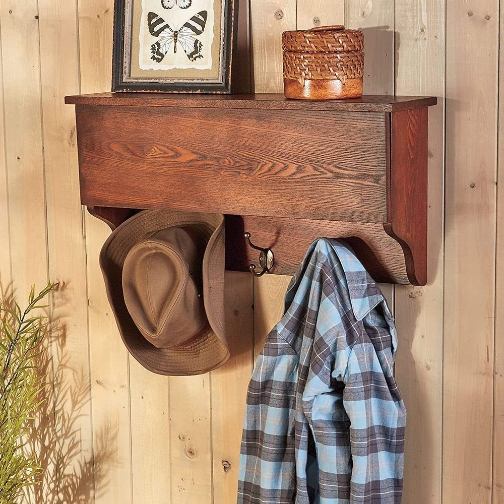 G-un Concealment Wall Shelf with Hanging Hooks Shelves with Hidden Secret Storage Compartment Dark Cherry Wood Finish