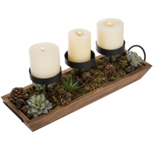 Candle Holder 3-Pillar Black Metal with Rustic Wood Tray and Handles, Tabletop/Mantel Centerpiece Plant Display Stand  Organizer