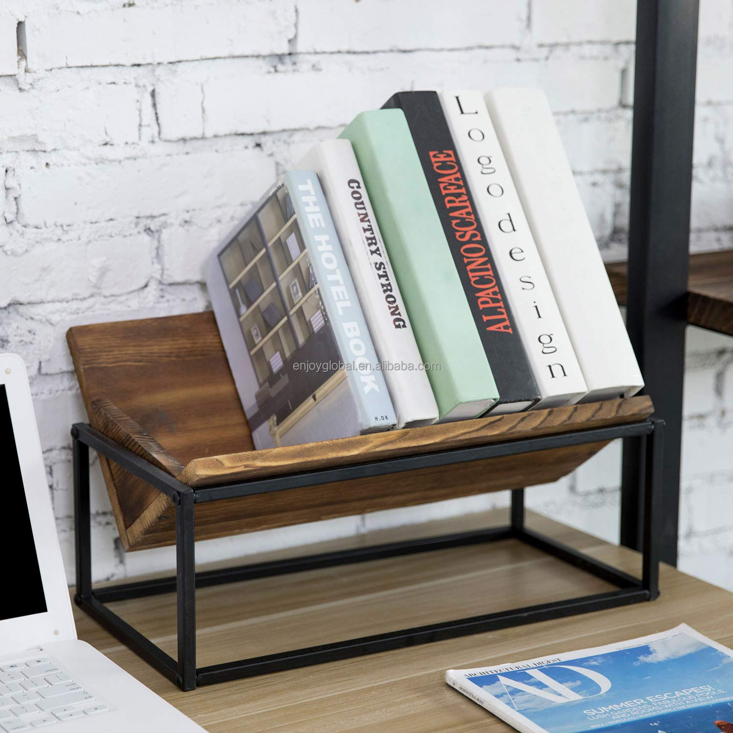 Rustic Burnt Wood and Industrial Black Metal Trough Style Desktop Book Storage Organizer Book Stand Wooden Shelf Wood Rack