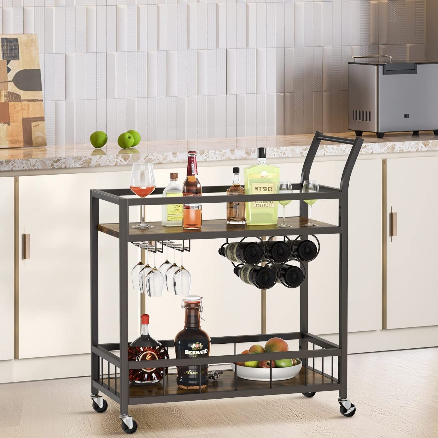 Solid Wood Black Serving Bar Car Shelves Wheels Rolling Cart Kitchen Island Storage Cabinet Bar Cart