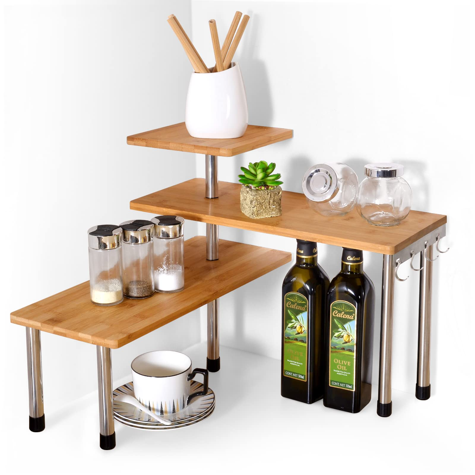 3 Tier Living Room Plant Stand Kitchen Spice Rack Bathroom Adjustable Storage Rack Bamboo Organizer Corner Shelf