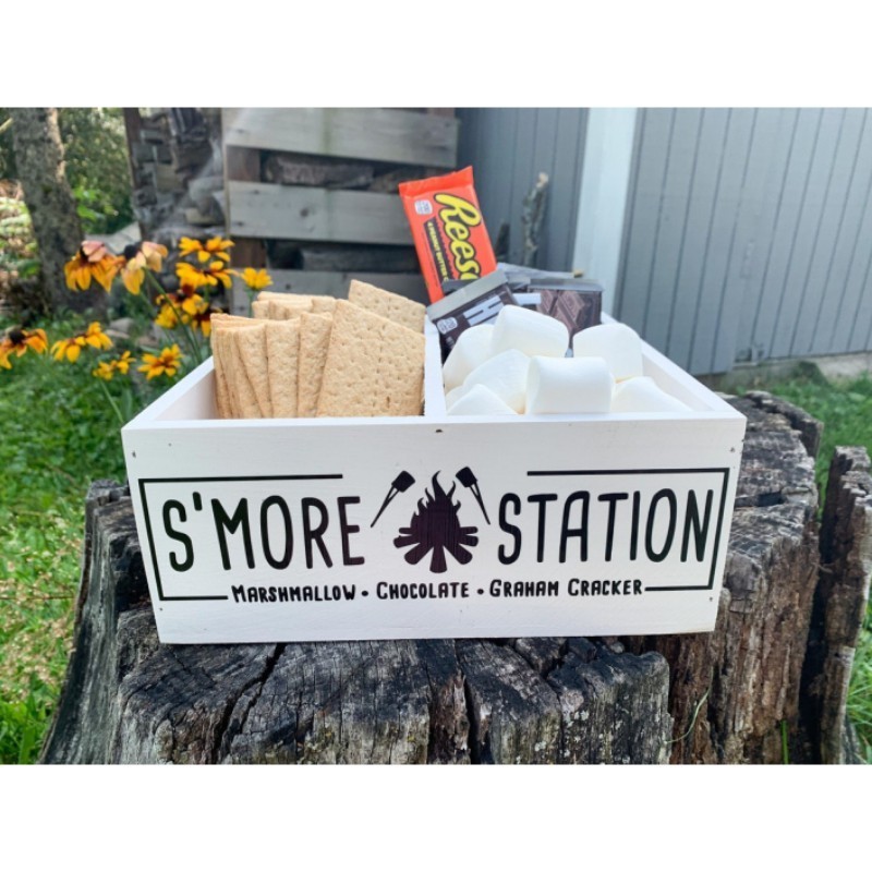 Wooden S'Mores Station Box, Smores Tray Station  Bar Holder with Handles Farmhouse Outdoor Wood Caddy Food Container