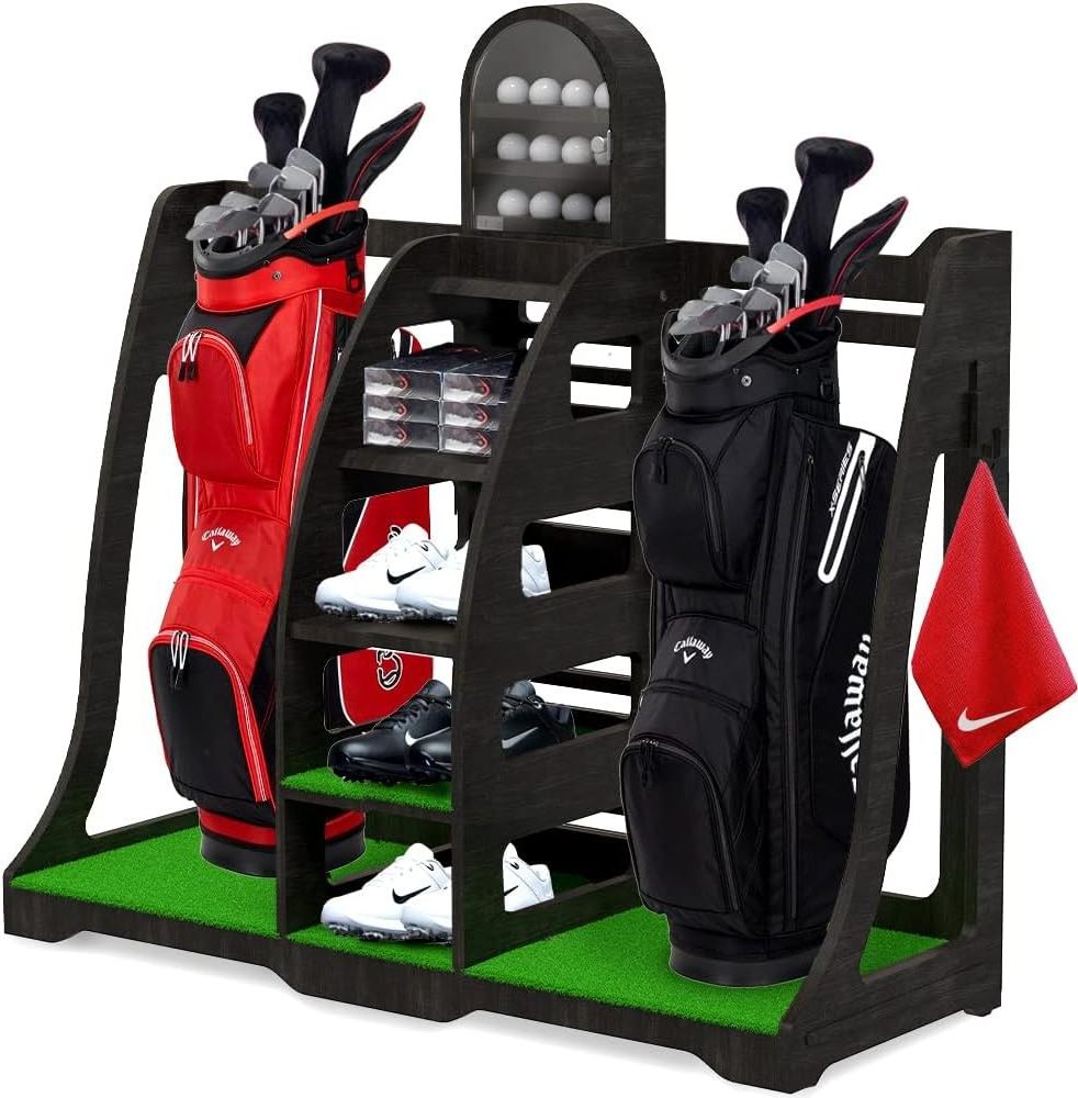 Sports Golf Bag Organizer - Handcrafted Wood Design, Golf Bag Stand Golf Storage Shelves, Golf Garage Rack