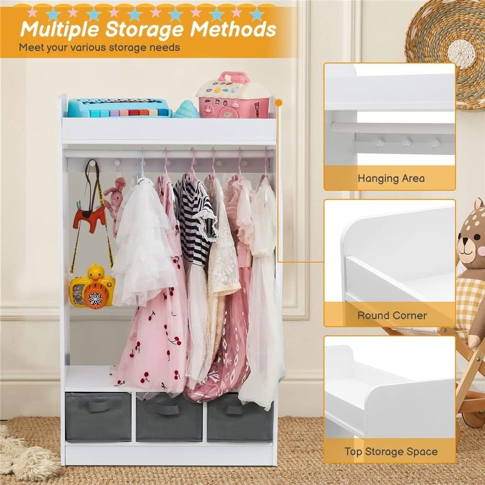 New Design Modern White Freestanding Kids Dress-Up Armoire Wooden Costume Rack Wooden Kid Cabinet with Mylar Mirror