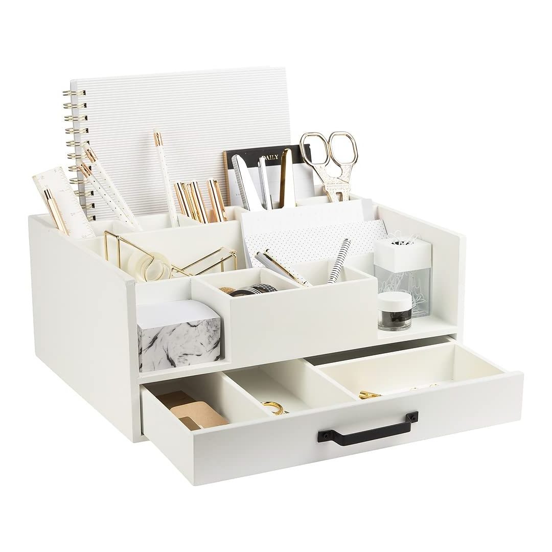 White Wood Desk Organizers and Storage with Drawer Bill Mail Organizer and Sorter for Countertop and Kitchen Desk Accessory