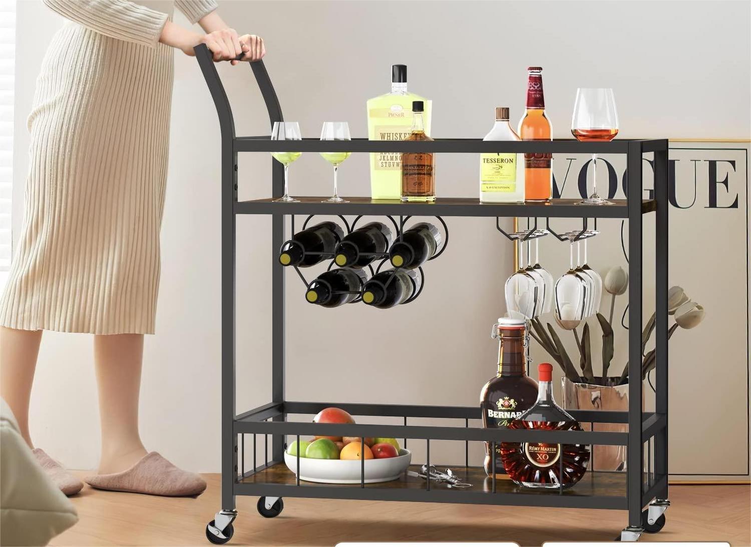 Solid Wood Black Serving Bar Car Shelves Wheels Rolling Cart Kitchen Island Storage Cabinet Bar Cart