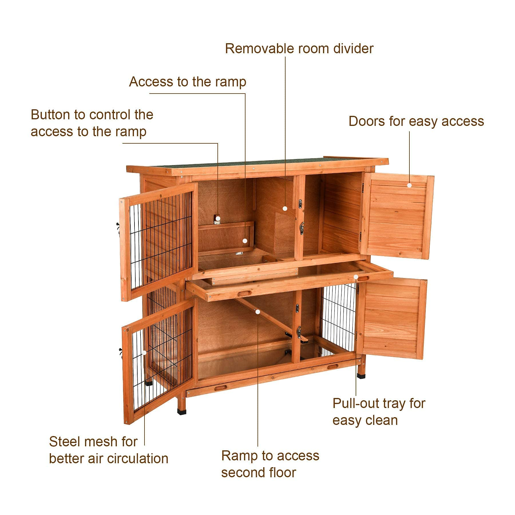 Custom 2 Story Outdoor Wooden Bunny Cage Rabbit Hutch Guinea Pig House Rabbit Cage in Nature Color with Ladder for Small Animals