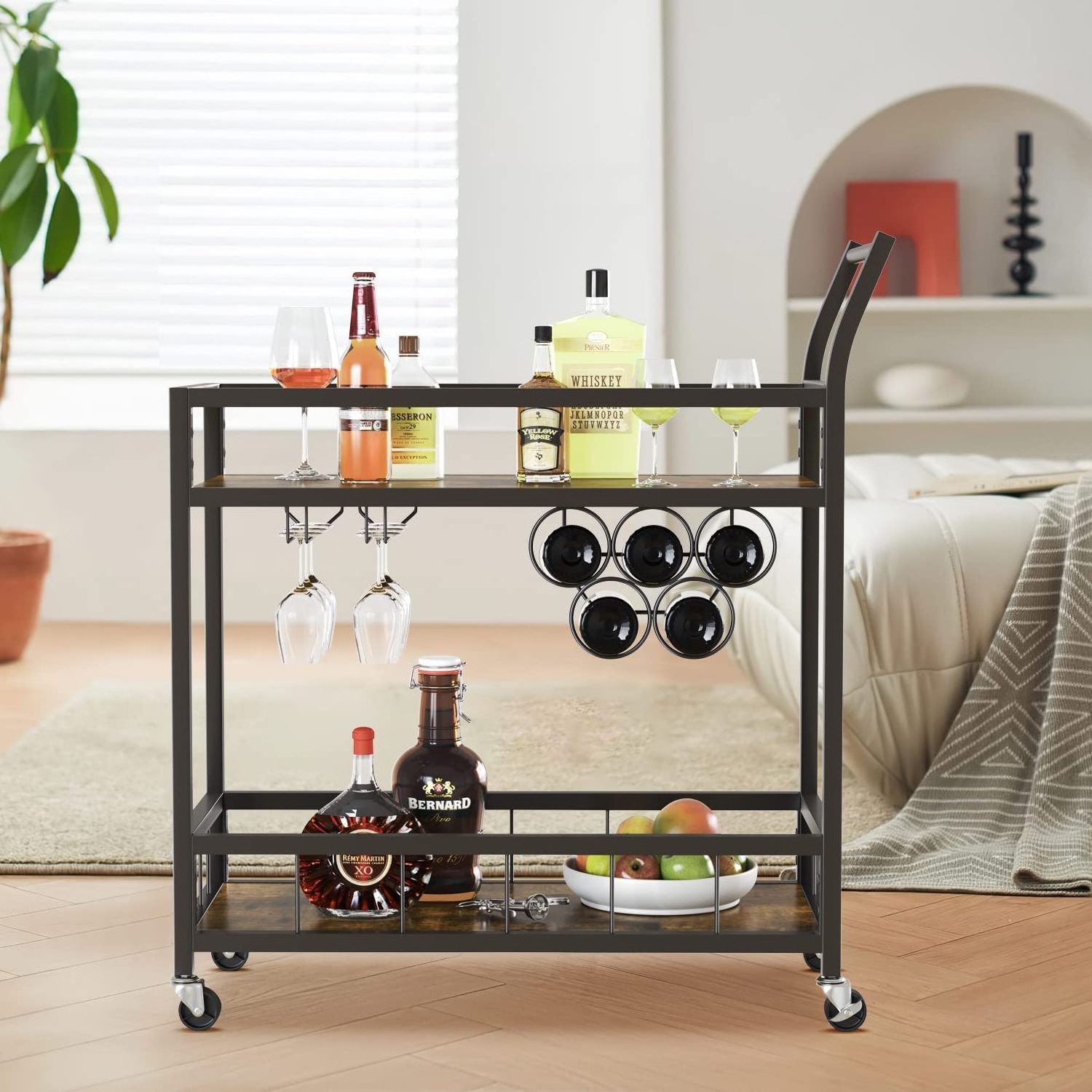 Solid Wood Black Serving Bar Car Shelves Wheels Rolling Cart Kitchen Island Storage Cabinet Bar Cart