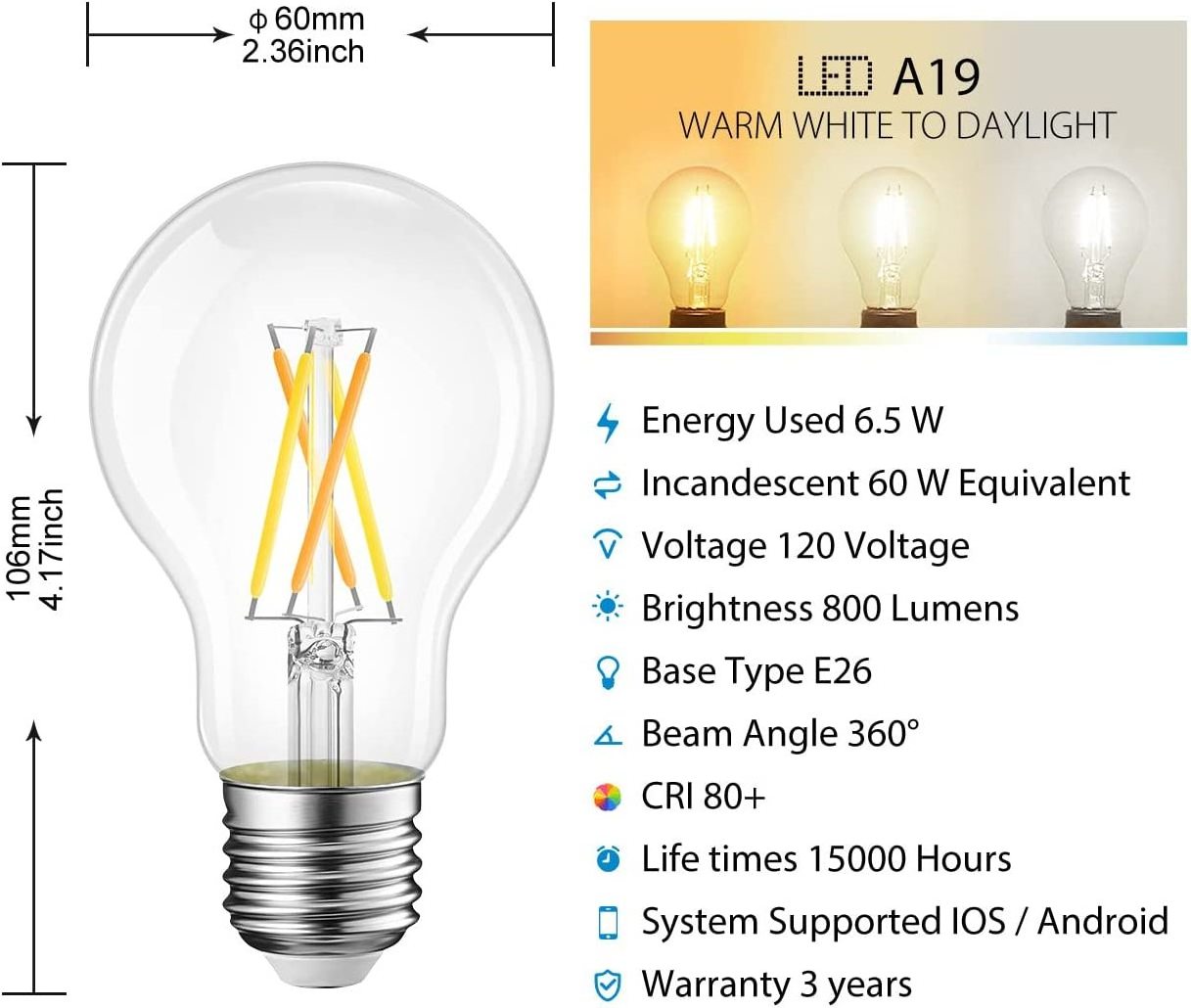 WiFi Dimmable Vintage LED A19 Edison Smart Bulb Compatible with Alexa Google Assistant