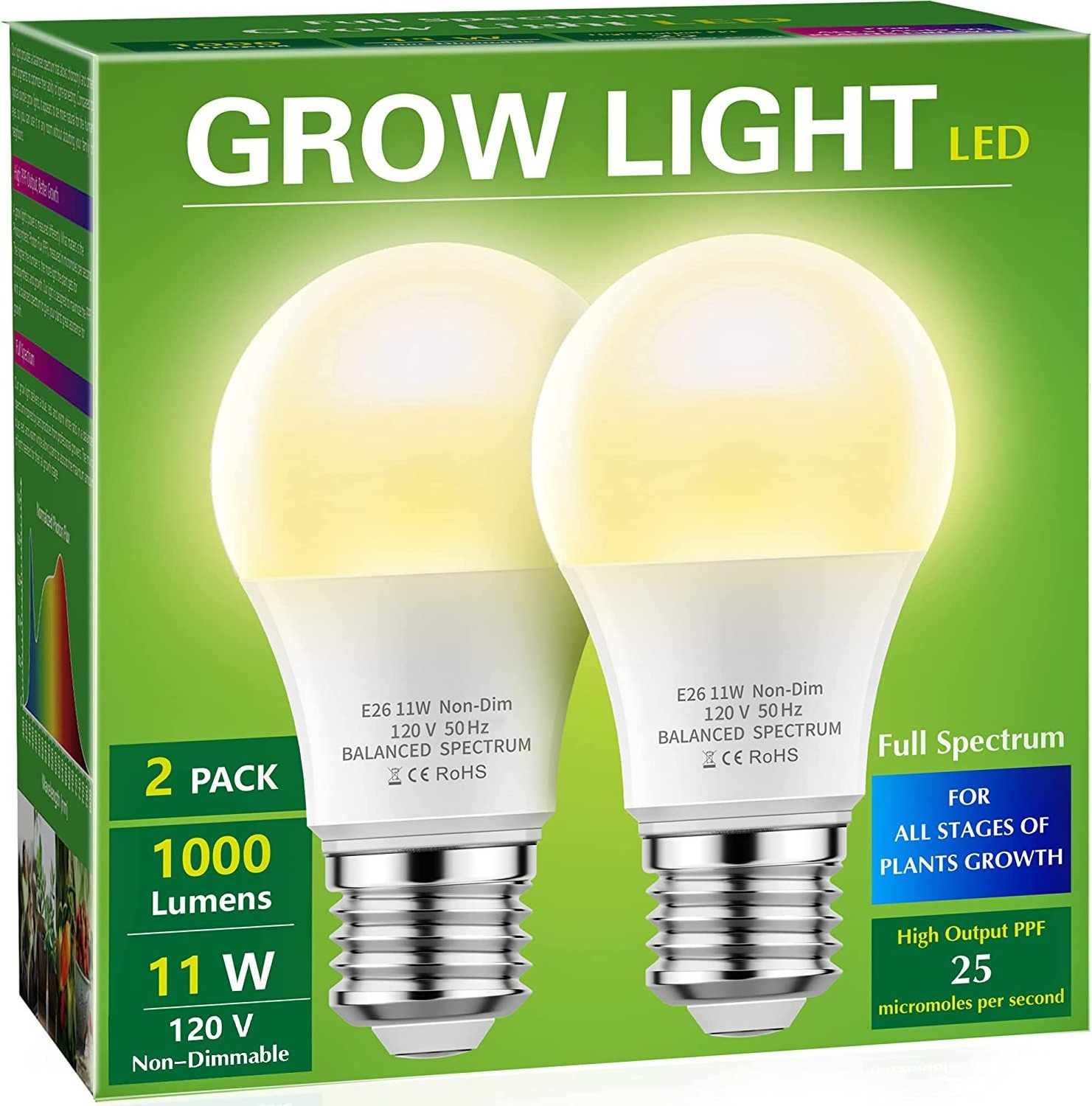 LED Grow Light Bulb A19 Full Spectrum Plant Light 11W Grow Bulb 100W Equivalent Grow Light for Indoor Glass Gift Box 75 IP65 70