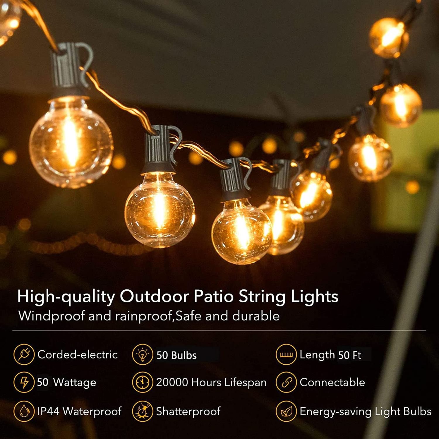 50Ft Led String Lights Outdoor Waterproof G40 Patio Lights with 52 Led Shatterproof Bulbs(2 Spare)