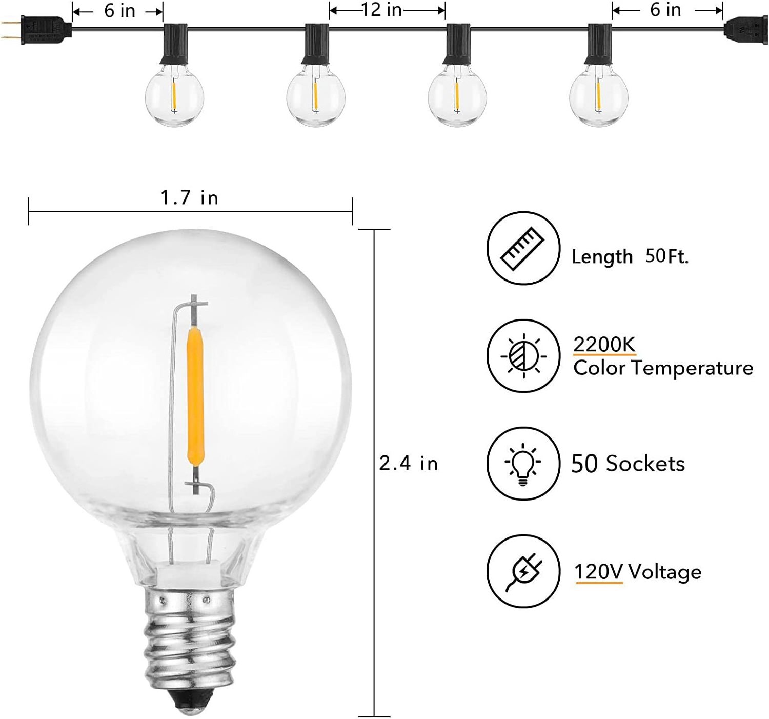 50Ft Led String Lights Outdoor Waterproof G40 Patio Lights with 52 Led Shatterproof Bulbs(2 Spare)