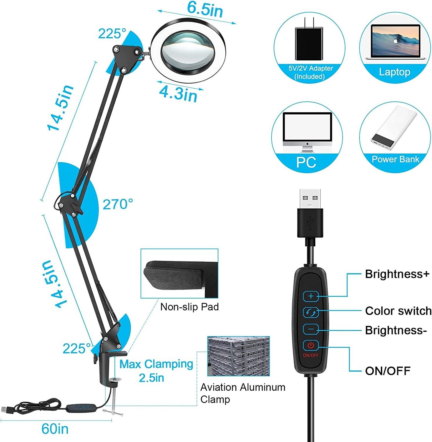 Real Glass Lens Magnifier with LED Light Desk Lamp Clamp Swing Arm for Crafts Workbench,Dimmable